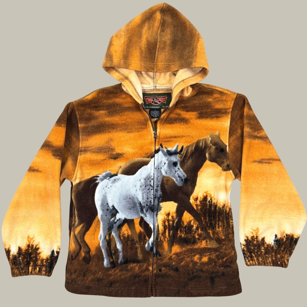 Trail Crest Fleece Hoodie Women S Brown Horse Graphic Nature Sunset Full Zip Top